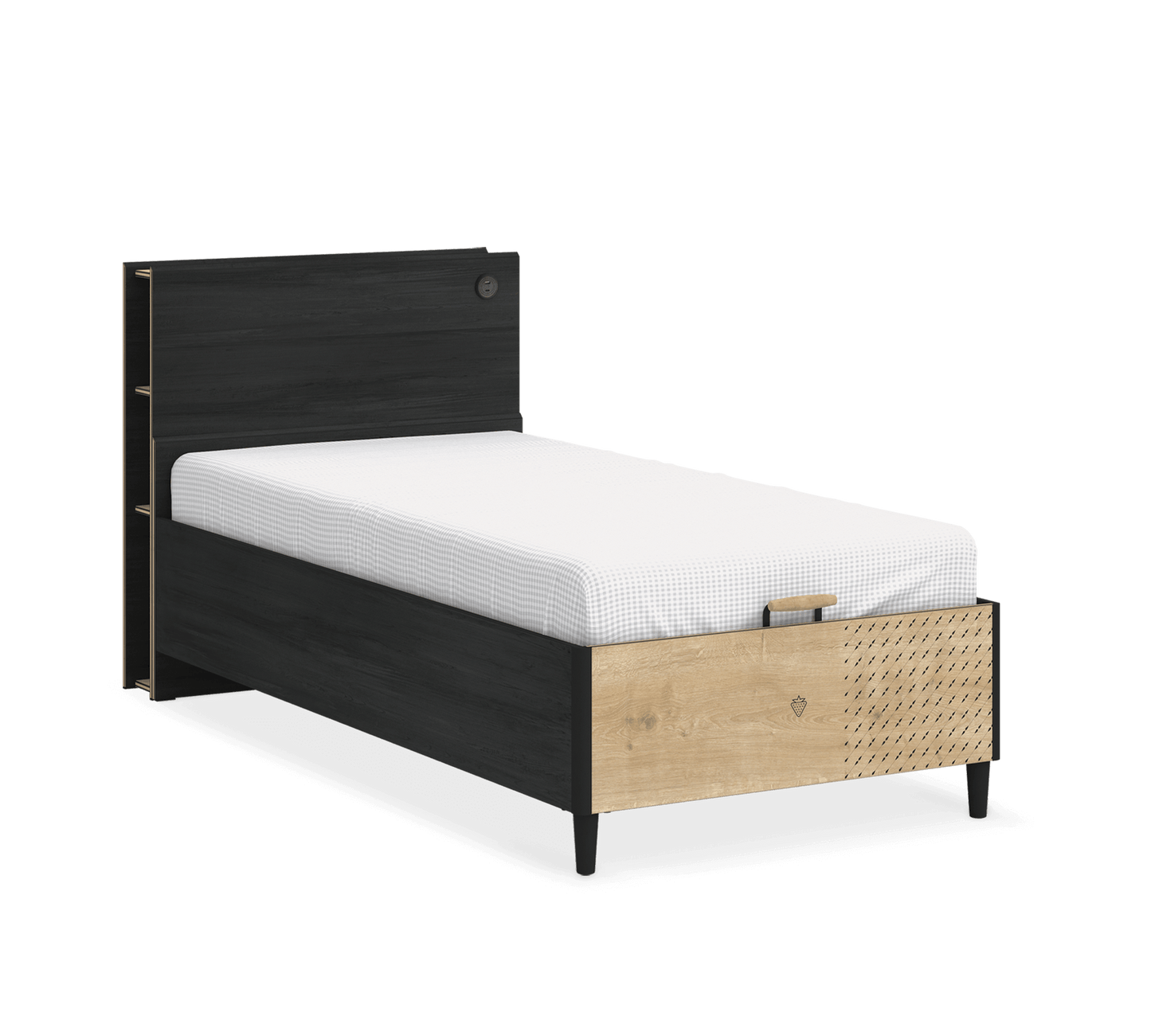 Letto Nero Con Rete 100x200 Cm, Port USB Doppio, Ripiani In Testata, Chiusura Silenziosa Ed Ergonomica