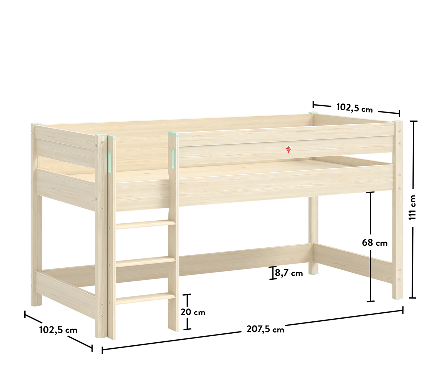 Letto Medio Alto Montessori Natural 90x200 cm con Scaletta, Spazio di Gioco e Tenda Inclusi