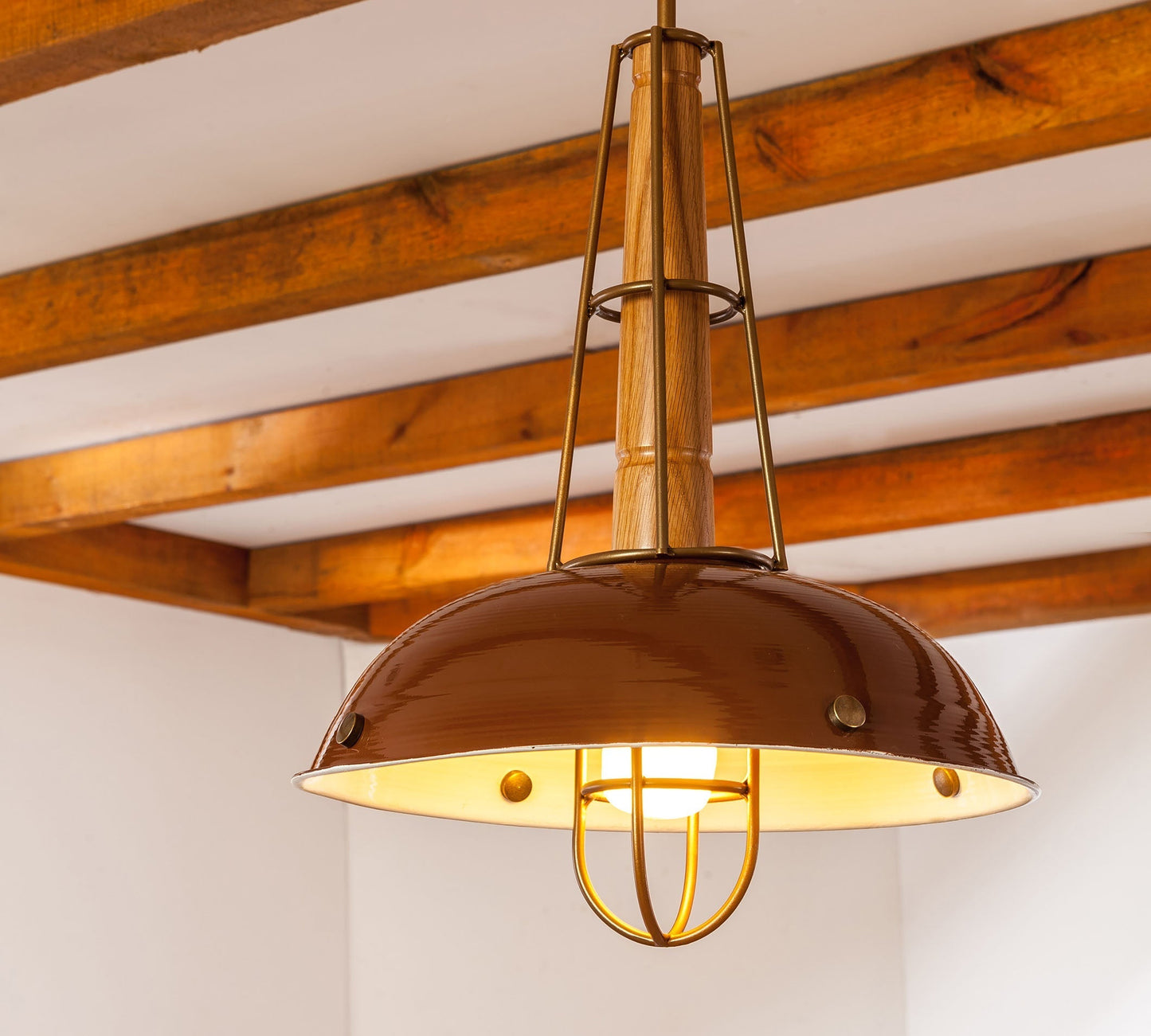 Lampada Da Soffitto Elegans In Legno E Metallo, Design Retro, Dimensioni 39x39x67 Cm